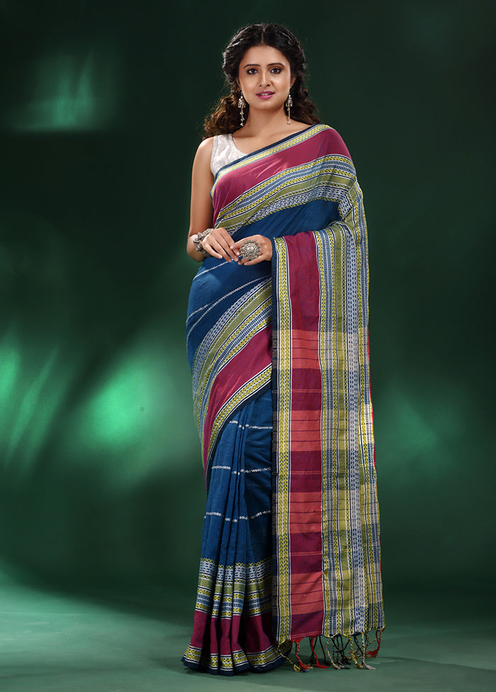 Blue Cotton Saree With Blouse Piece - Indian Silk House Agencies