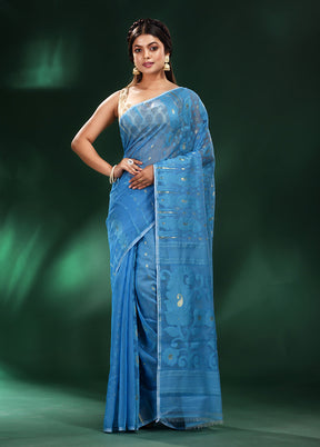 Blue Cotton Saree With Blouse Piece - Indian Silk House Agencies