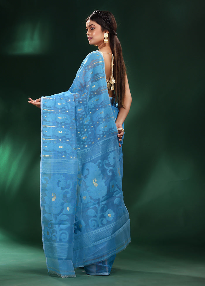 Blue Cotton Saree With Blouse Piece - Indian Silk House Agencies