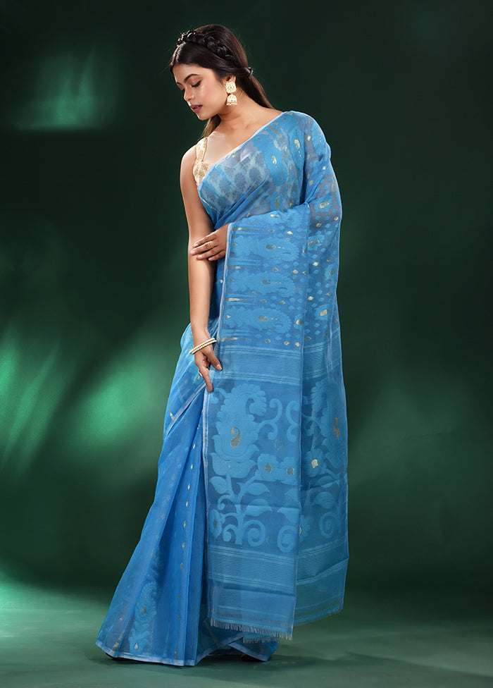 Blue Cotton Saree With Blouse Piece - Indian Silk House Agencies