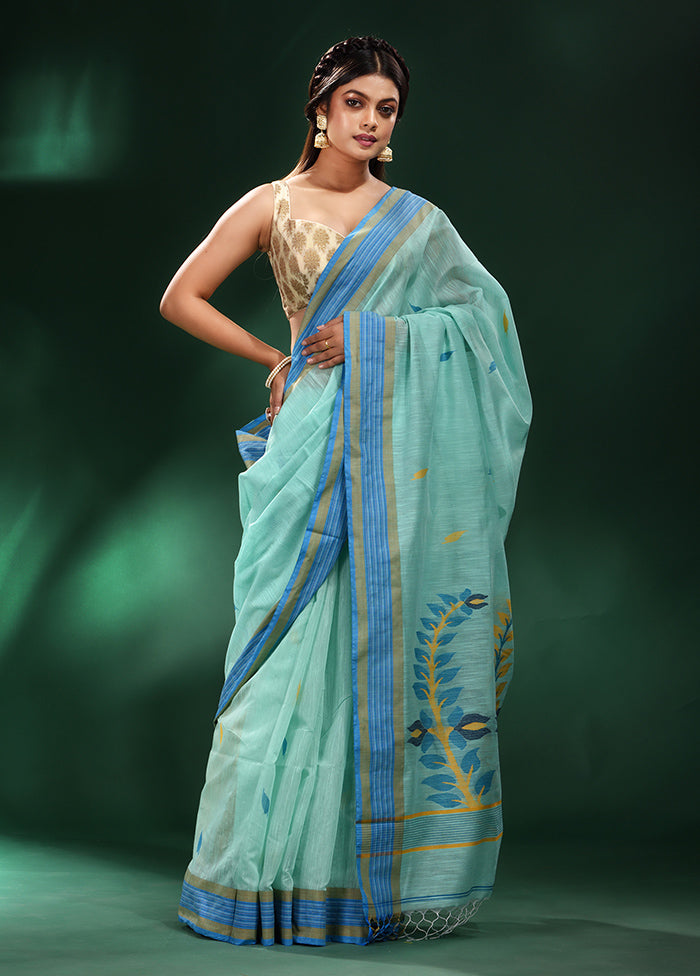 Sea Green Pure Cotton Saree With Blouse Piece - Indian Silk House Agencies