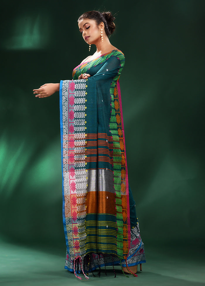 Green Cotton Saree With Blouse Piece - Indian Silk House Agencies