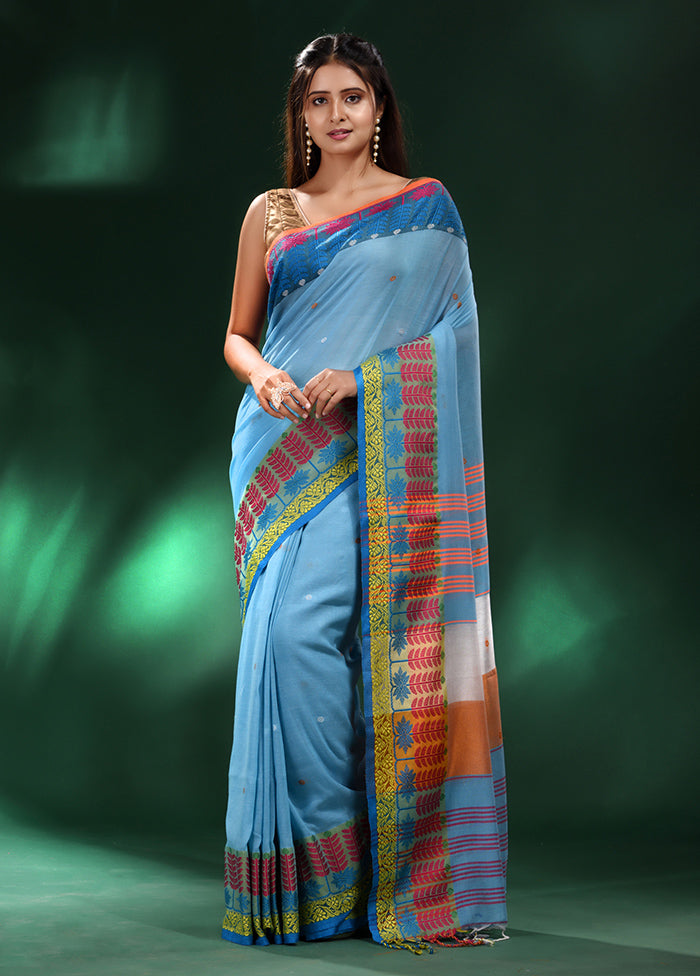 Blue Cotton Saree With Blouse Piece - Indian Silk House Agencies