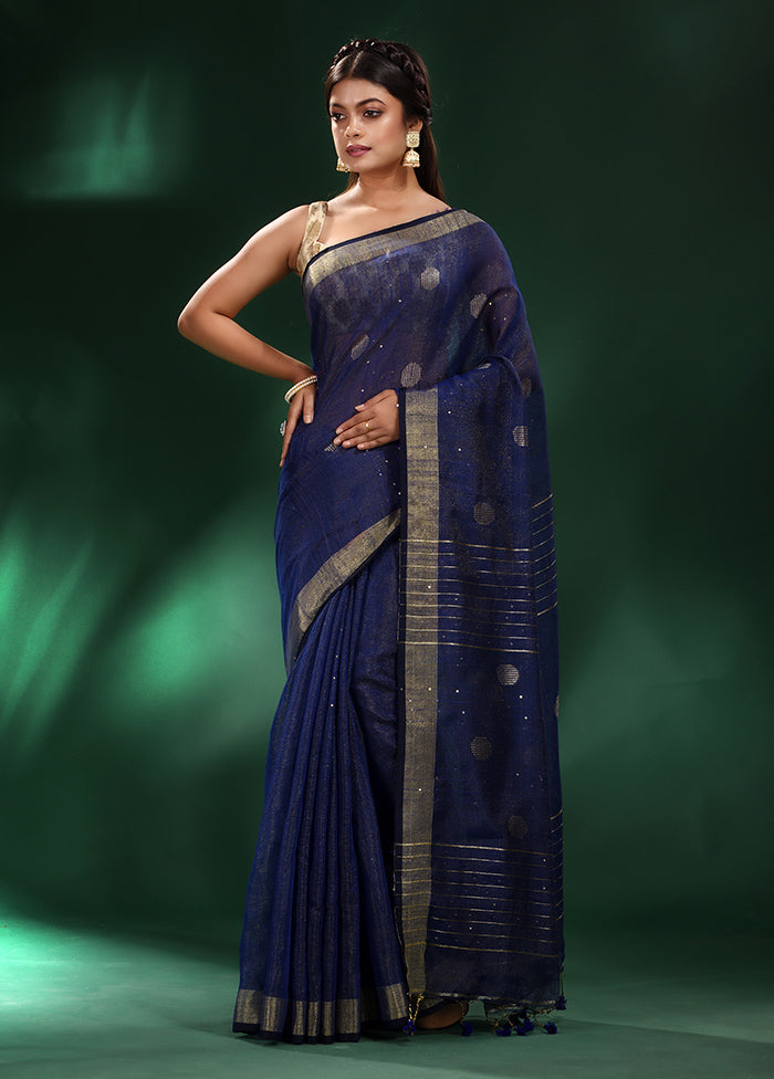 Navy Blue Spun Silk Saree With Blouse Piece - Indian Silk House Agencies