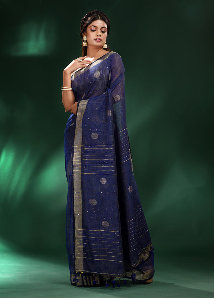 Navy Blue Spun Silk Saree With Blouse Piece - Indian Silk House Agencies