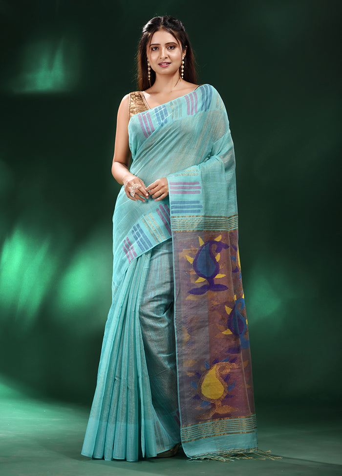 Sea Green Spun Silk Saree With Blouse Piece - Indian Silk House Agencies