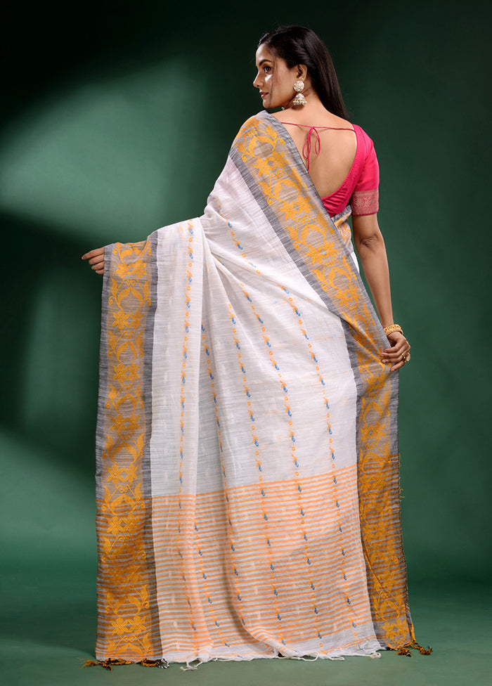 White Cotton Saree With Blouse Piece - Indian Silk House Agencies