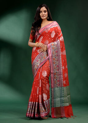 Red Dupion Silk Saree With Blouse Piece - Indian Silk House Agencies