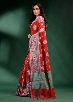 Red Dupion Silk Saree With Blouse Piece - Indian Silk House Agencies