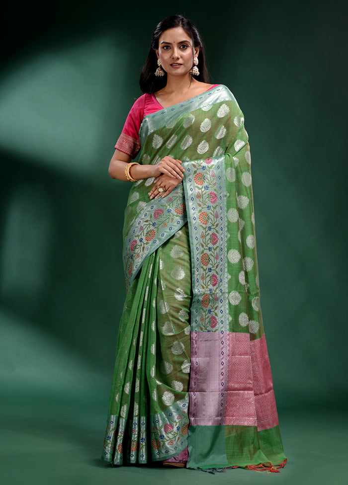 Green Dupion Silk Saree With Blouse Piece - Indian Silk House Agencies