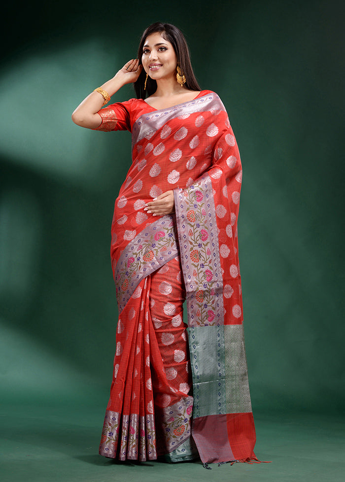 Red Dupion Silk Saree With Blouse Piece - Indian Silk House Agencies