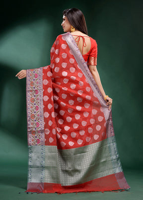 Red Dupion Silk Saree With Blouse Piece - Indian Silk House Agencies