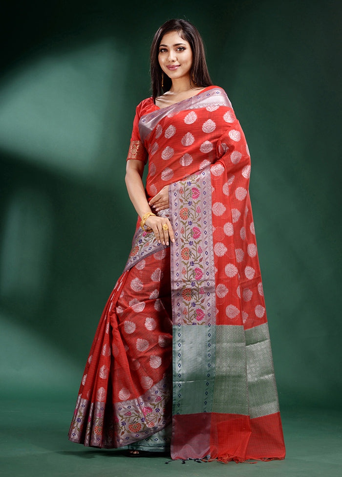 Red Dupion Silk Saree With Blouse Piece - Indian Silk House Agencies