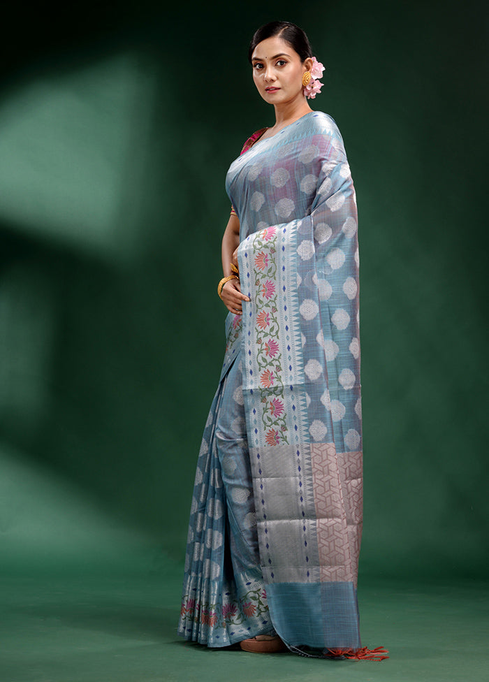 Sky Blue Dupion Silk Saree With Blouse Piece - Indian Silk House Agencies