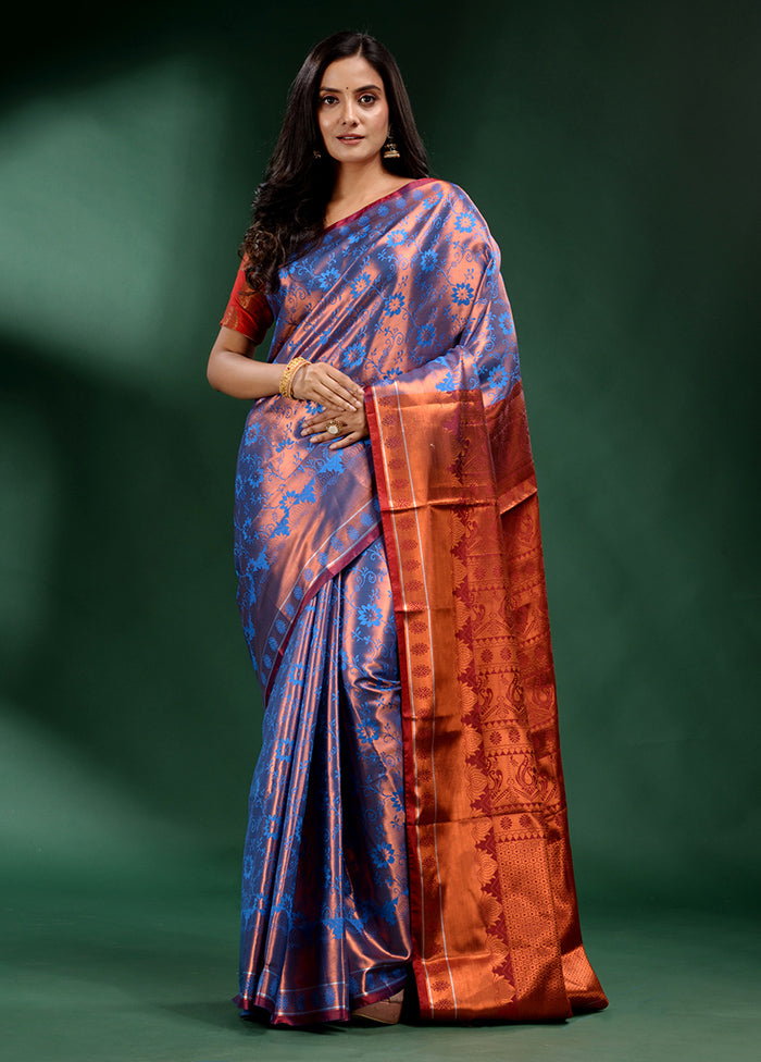 Blue Dupion Silk Saree With Blouse Piece - Indian Silk House Agencies