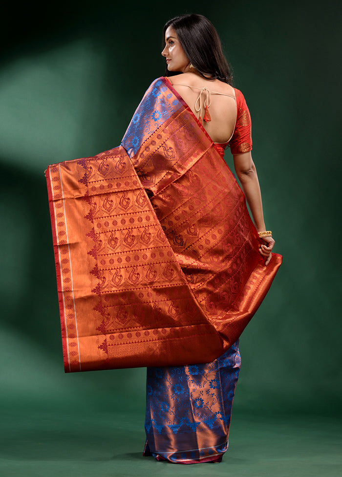 Blue Dupion Silk Saree With Blouse Piece - Indian Silk House Agencies