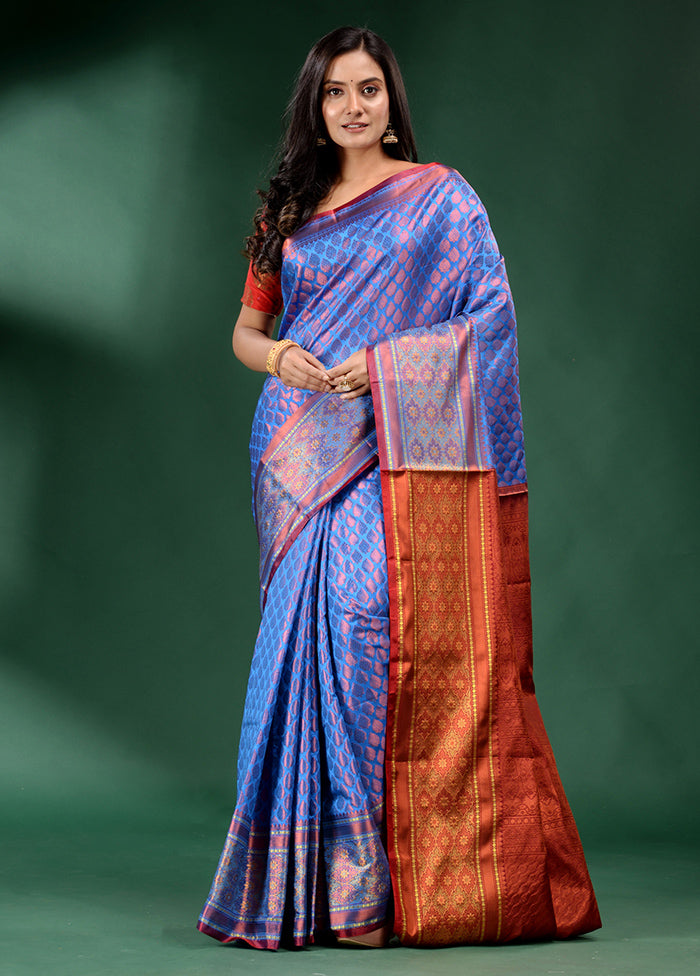 Blue Dupion Silk Saree With Blouse Piece - Indian Silk House Agencies