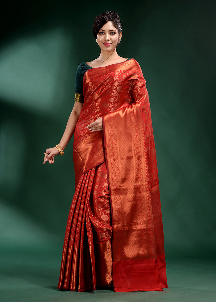 Red Dupion Silk Saree With Blouse Piece - Indian Silk House Agencies