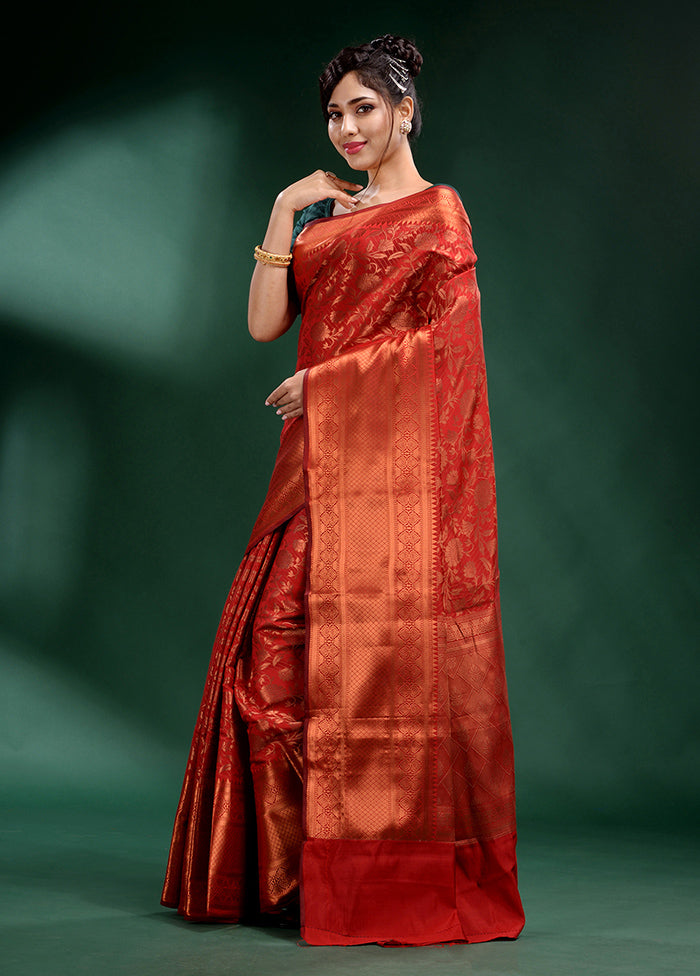 Red Dupion Silk Saree With Blouse Piece - Indian Silk House Agencies