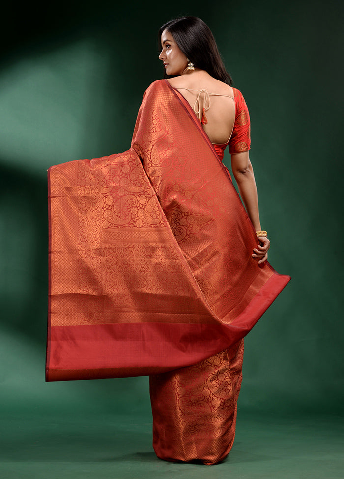 Brick Red Dupion Silk Saree With Blouse Piece - Indian Silk House Agencies