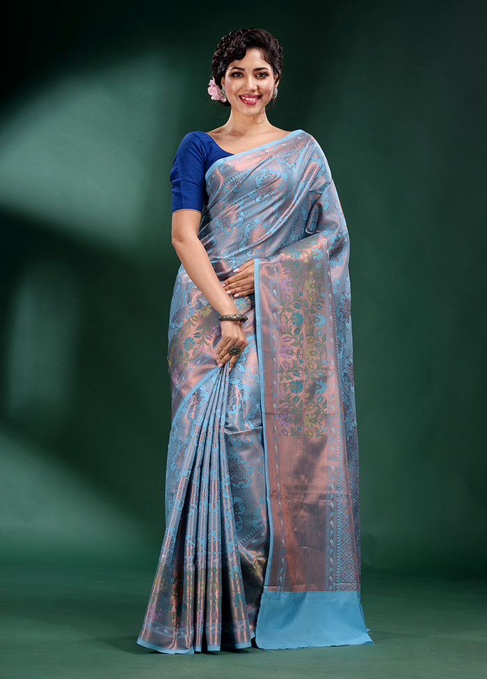 Sky Blue Dupion Silk Saree With Blouse Piece - Indian Silk House Agencies