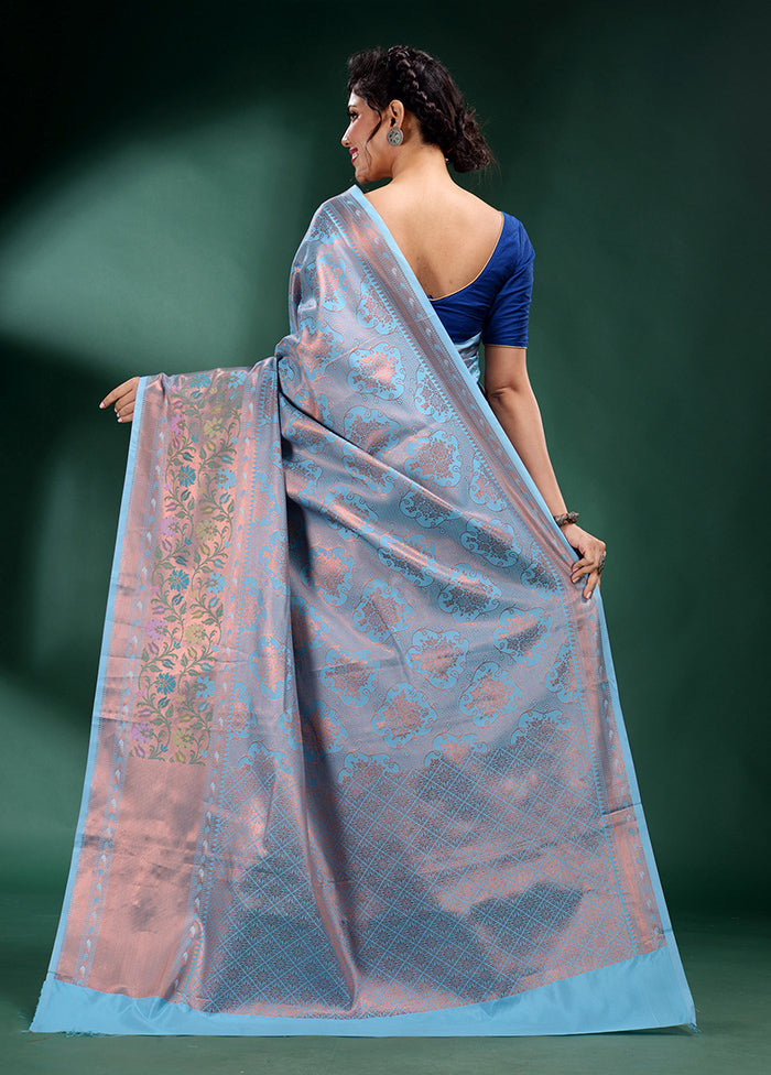 Sky Blue Dupion Silk Saree With Blouse Piece - Indian Silk House Agencies