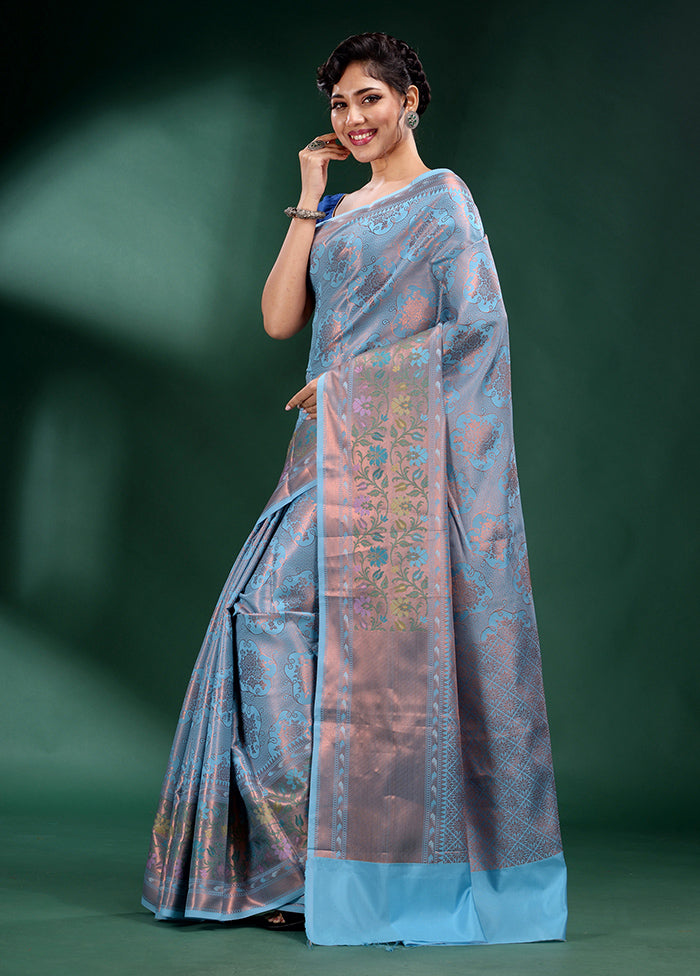 Sky Blue Dupion Silk Saree With Blouse Piece - Indian Silk House Agencies