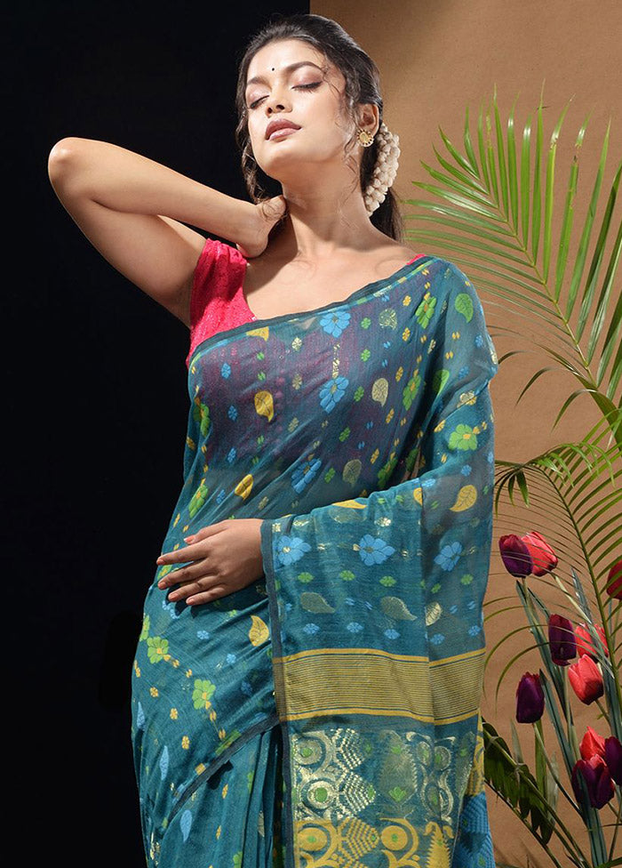 Blue Tant Saree Without Blouse Piece - Indian Silk House Agencies