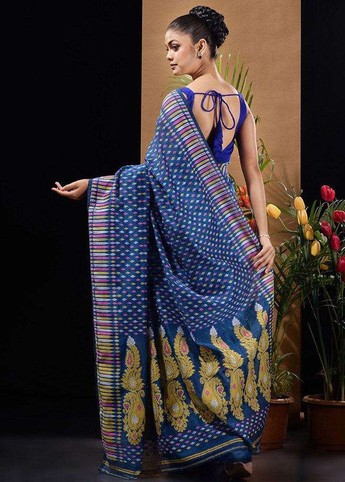 Blue Tant Saree Without Blouse Piece - Indian Silk House Agencies