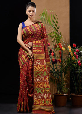 Red Tant Saree Without Blouse Piece - Indian Silk House Agencies