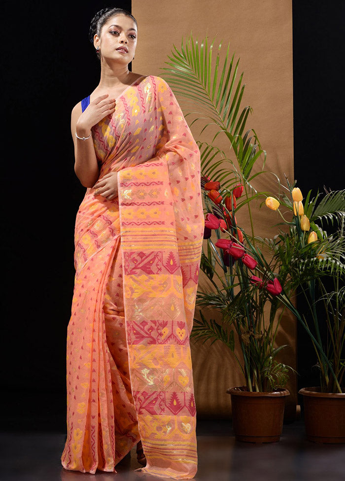 Peach Tant Saree Without Blouse Piece - Indian Silk House Agencies