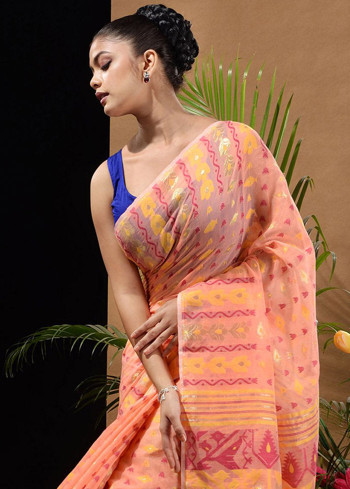 Peach Tant Saree Without Blouse Piece - Indian Silk House Agencies