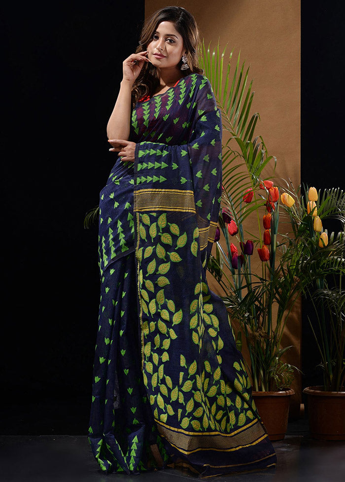 Dark Blue Tant Saree Without Blouse Piece - Indian Silk House Agencies