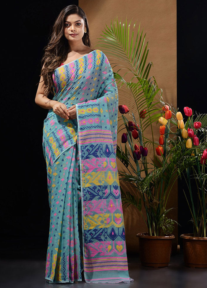 Sky Blue Tant Saree Without Blouse Piece - Indian Silk House Agencies