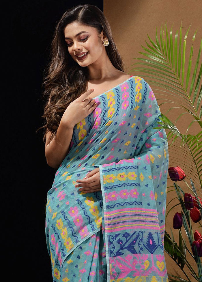 Sky Blue Tant Saree Without Blouse Piece - Indian Silk House Agencies