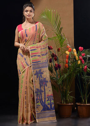 Beige Tant Saree Without Blouse Piece - Indian Silk House Agencies