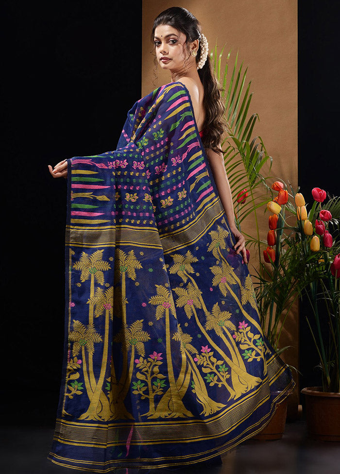 Blue Tant Saree Without Blouse Piece - Indian Silk House Agencies