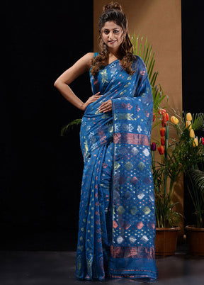 Blue Tant Saree Without Blouse Piece - Indian Silk House Agencies