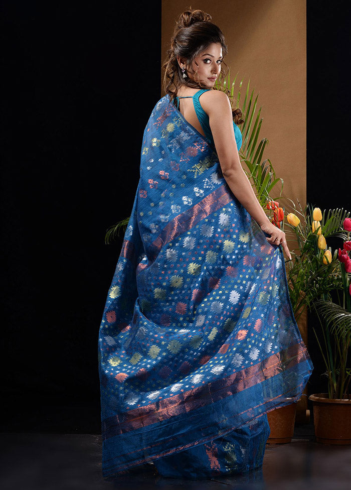 Blue Tant Saree Without Blouse Piece - Indian Silk House Agencies