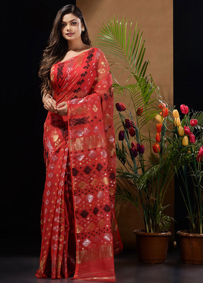 Red Tant Saree Without Blouse Piece - Indian Silk House Agencies