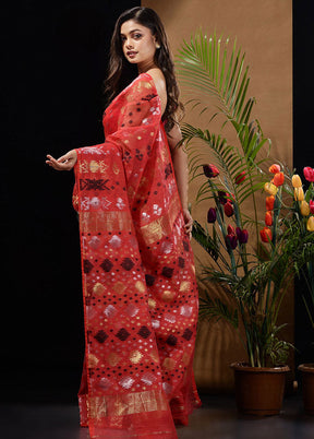 Red Tant Saree Without Blouse Piece - Indian Silk House Agencies