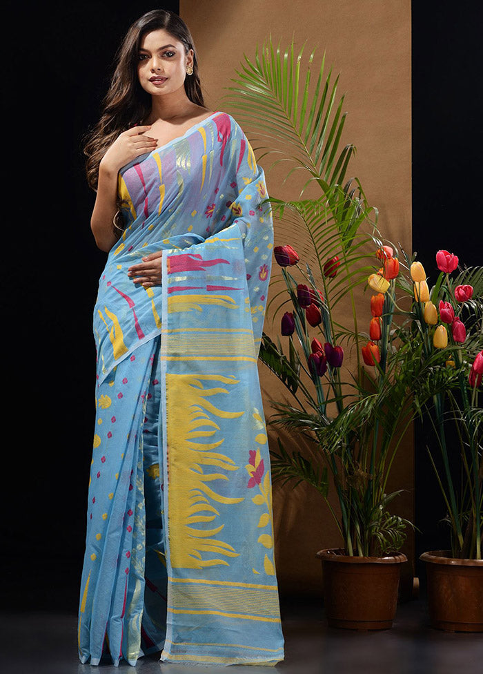 Sky Blue Tant Saree Without Blouse Piece - Indian Silk House Agencies