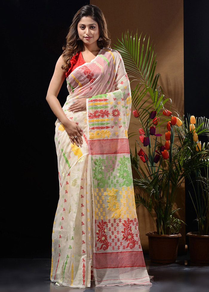 White Tant Saree Without Blouse Piece - Indian Silk House Agencies