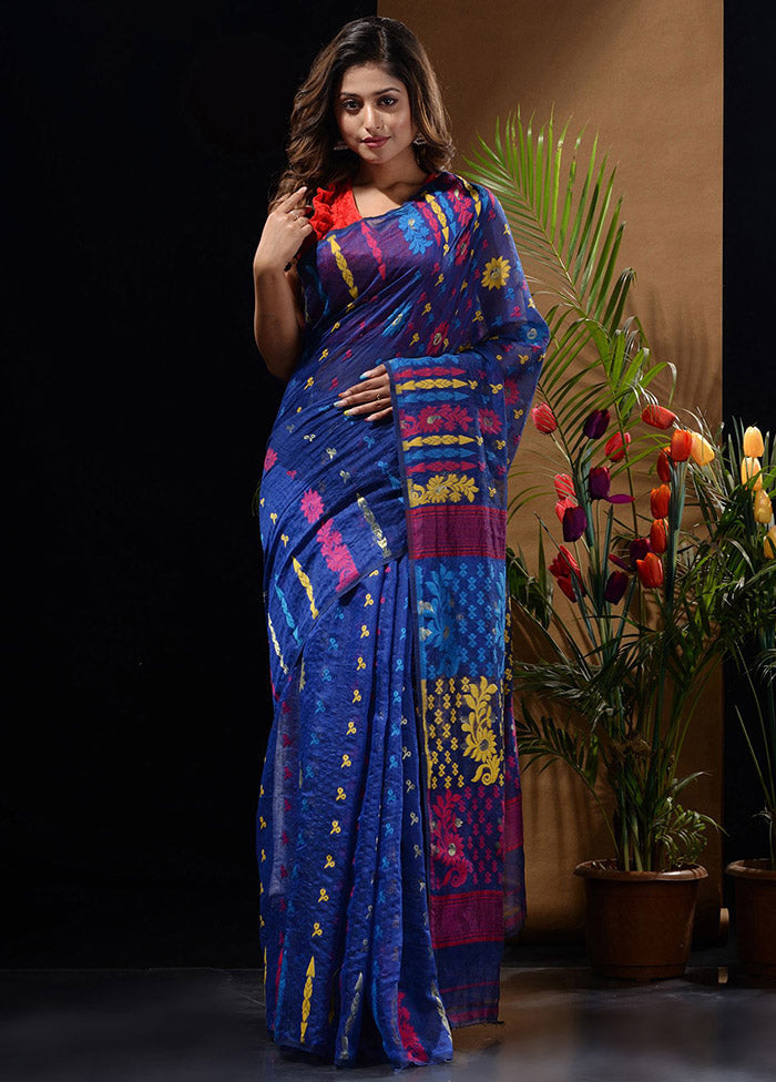 Blue Tant Saree Without Blouse Piece - Indian Silk House Agencies