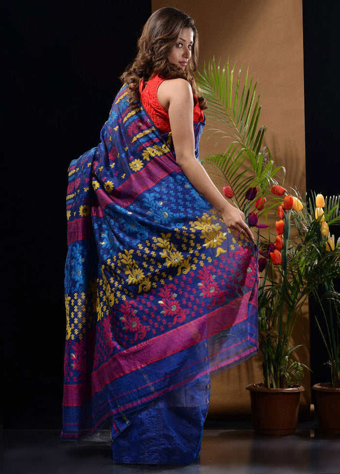 Blue Tant Saree Without Blouse Piece - Indian Silk House Agencies