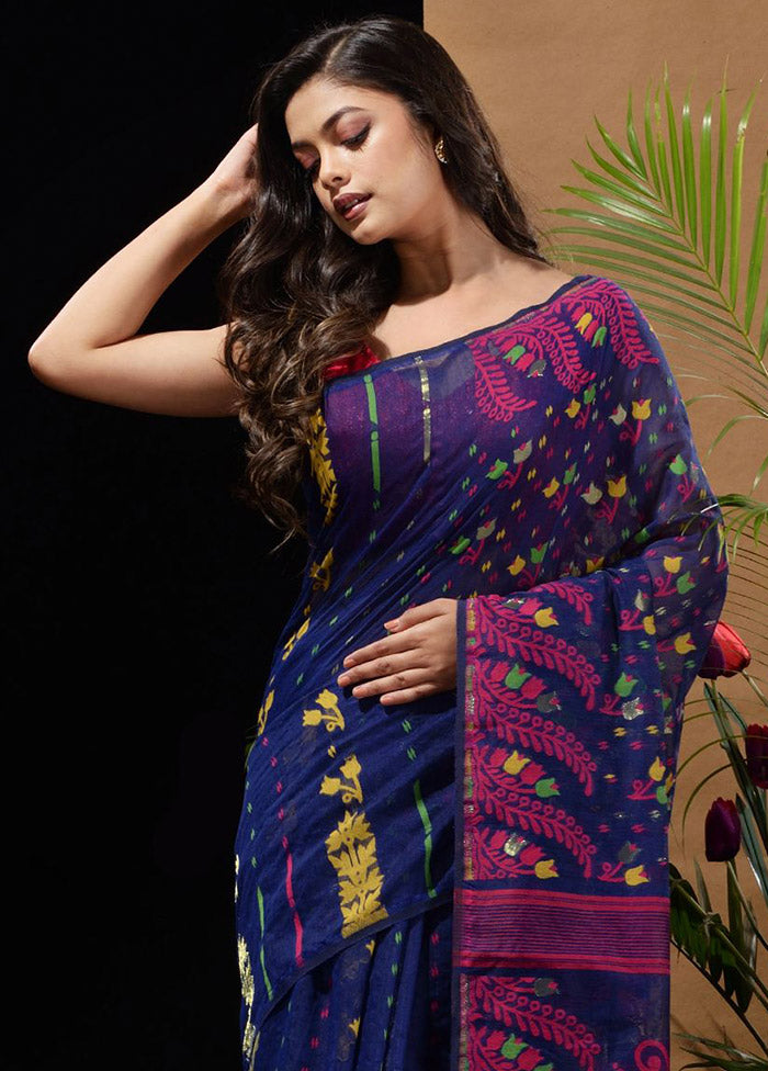 Dark Blue Tant Saree Without Blouse Piece - Indian Silk House Agencies