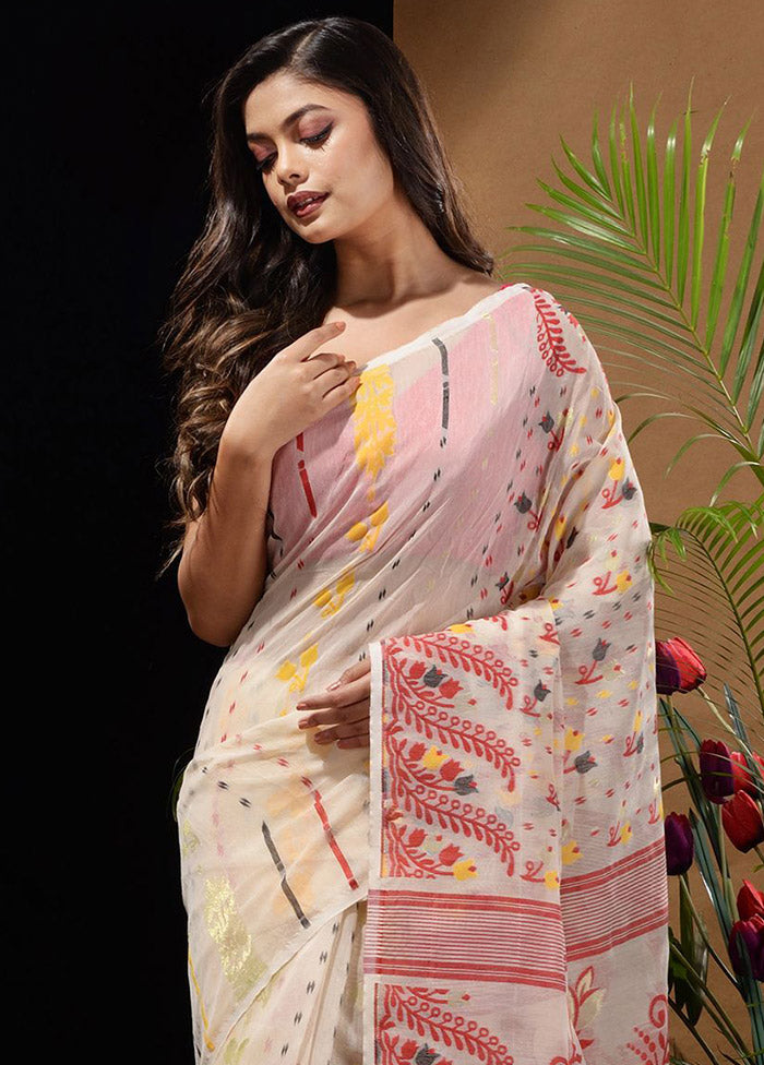 White Tant Saree Without Blouse Piece - Indian Silk House Agencies