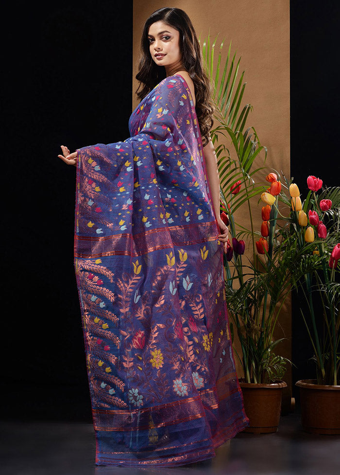 Blue Tant Saree Without Blouse Piece - Indian Silk House Agencies