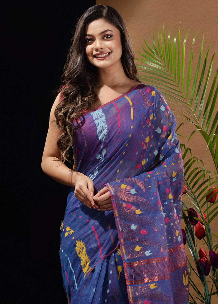 Blue Tant Saree Without Blouse Piece - Indian Silk House Agencies