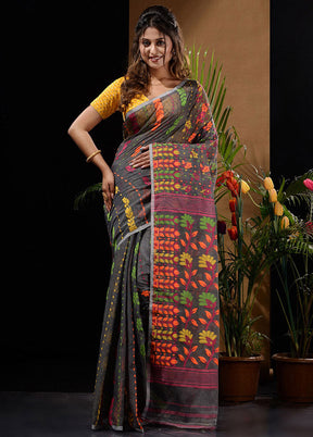 Dark Grey Tant Saree Without Blouse Piece - Indian Silk House Agencies